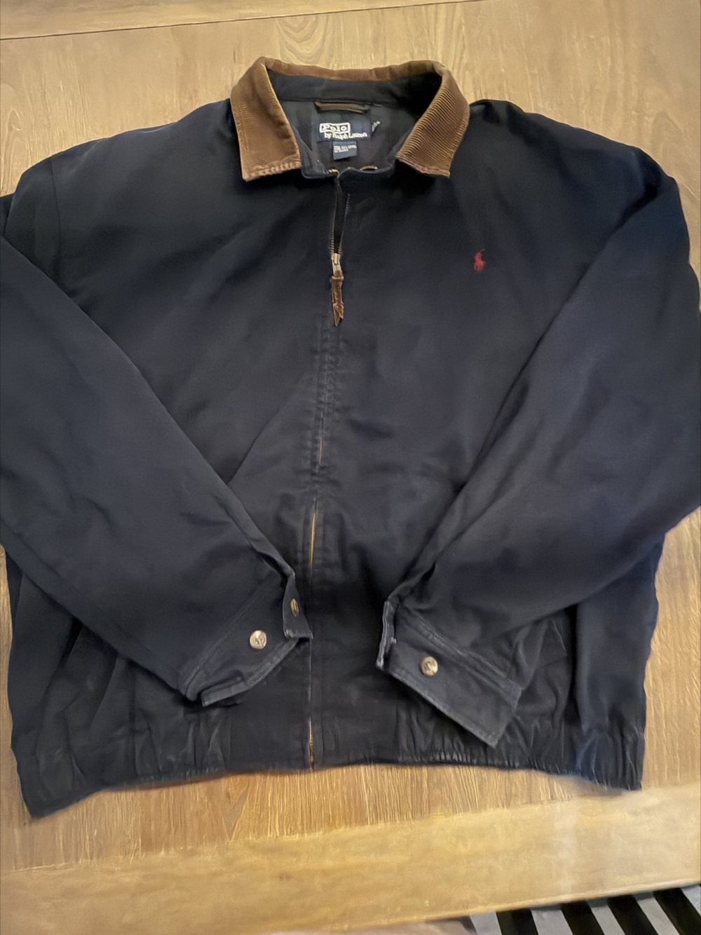 Polo Ralph Lauren Vintage Waxed Cotton Jacket Navy Corduroy Collar Full Zip
